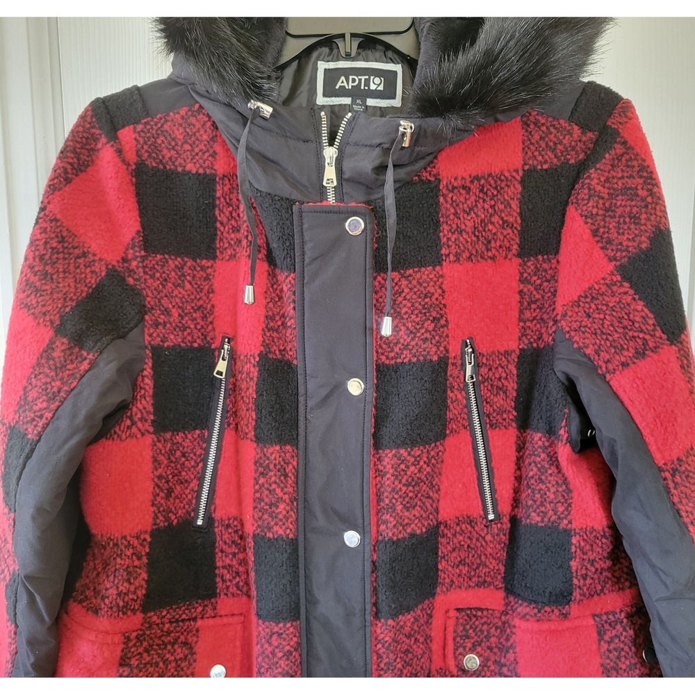 APT.9 Coat Size XL Red Black Plaid Winter Heavy Hooded Faux Fur Trim Mid‎ Length - Picture 3 of 13
